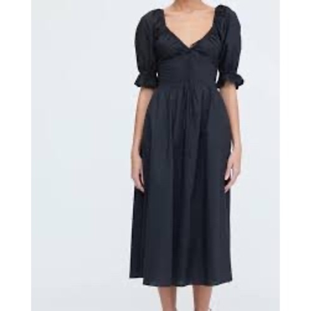 Hill House Home The Ophelia Dress Black Cotton Poplin Puff Sleeve Midi Size L